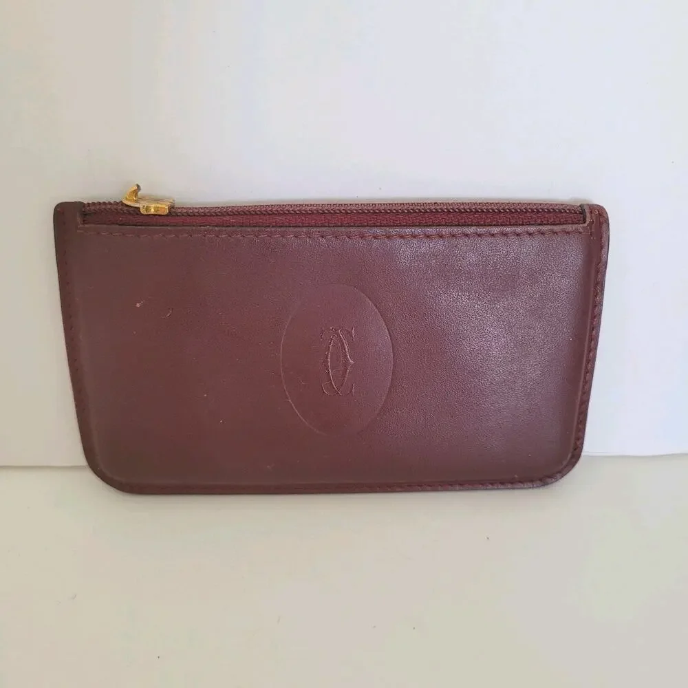 Cartier Vintage Mini Coin Holder Wallet Bordeaux Leather Small Red Zip Rectangl